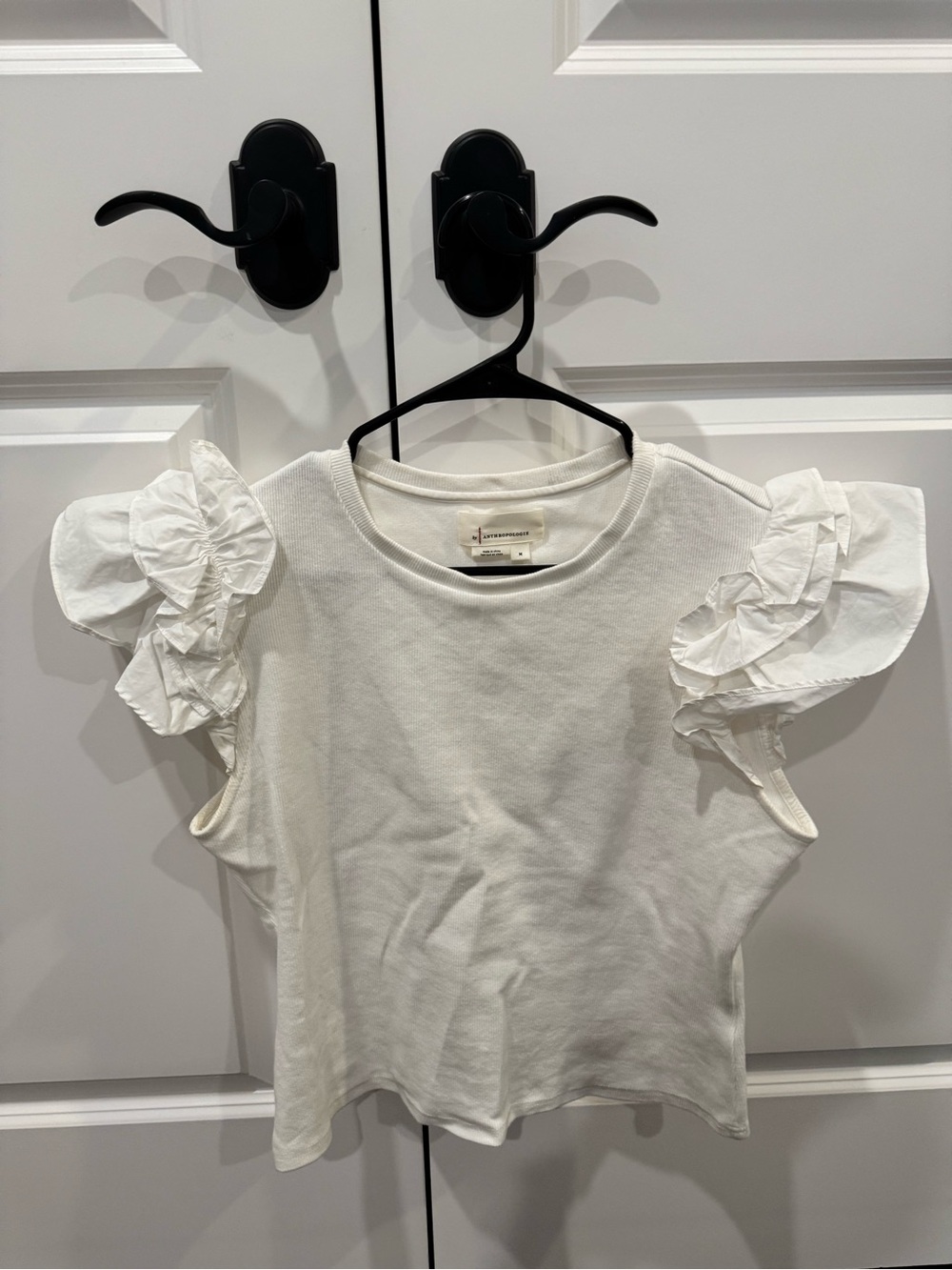 Anthropologie White Ruffle Sleeve Top